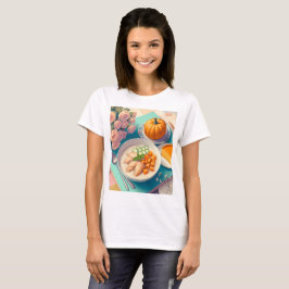 Camiseta una mesa con un plato de comida y una calabaza sob
