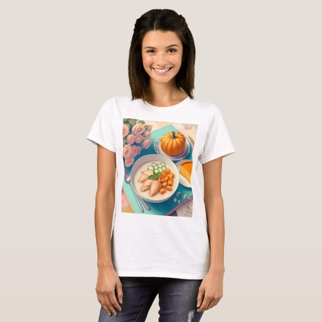 Camiseta una mesa con un plato de comida y una calabaza sob (Anverso completo)