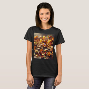 Camiseta una mesa llena de alimentos, con fruta y un vaso