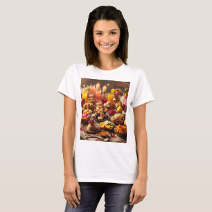 Camiseta una mesa llena de alimentos, con frutas y flores