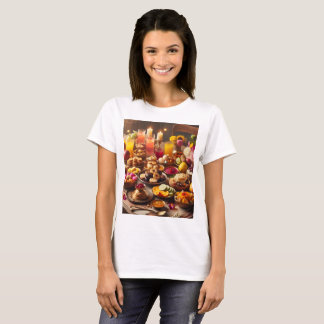Camiseta una mesa llena de alimentos, con frutas y flores