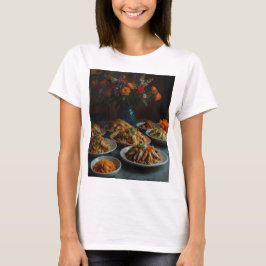 Camiseta una mesa llena de alimentos, incluidas las flores 