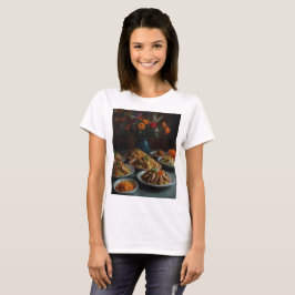 Camiseta una mesa llena de alimentos, incluidas las flores