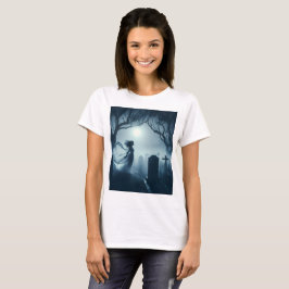 Camiseta una mujer fantasma con un vestido blanco parado de