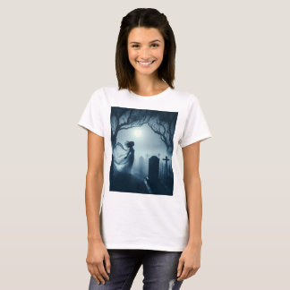 Camiseta una mujer fantasma con un vestido blanco parado de