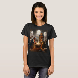 Camiseta una pintura de reyes magos y un bebé con una canas