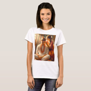Camiseta una pintura de un hombre y una mujer con un arco s