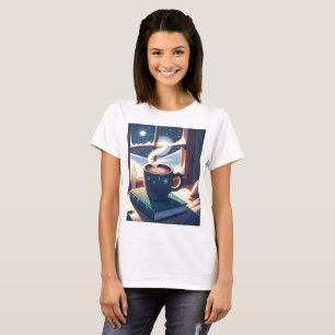 Camiseta una taza de café caliente está en un libro con la