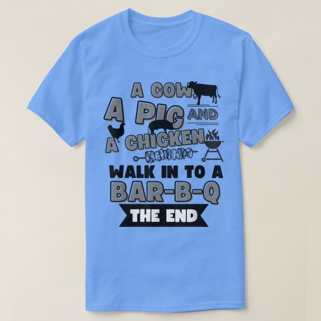 Camiseta Una vaca, un cerdo y un pollo caminando a una barb (Diseño del anverso)