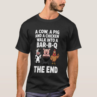 Camiseta Una vaca un cerdo y un pollo entran en una barbaco