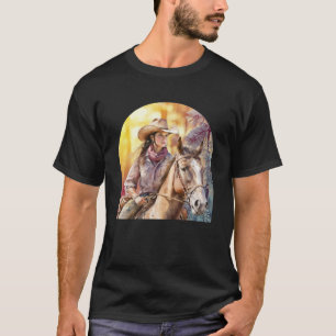 Camiseta Una vaquera acuarela montando su caballo en un bri
