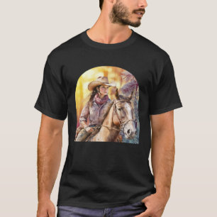 Camiseta Una vaquera acuarela montando su caballo en un bri