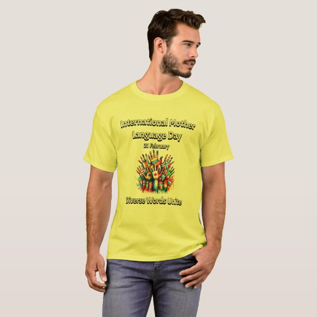 Camiseta Unen Diversas Palabras. Día de la Lengua Materna. (Anverso completo)