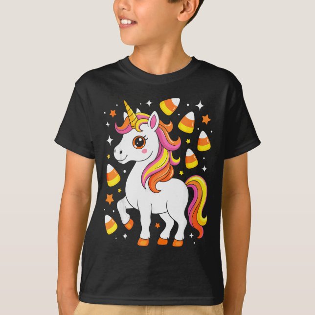 Camiseta Unicorn Candy Corn Shirt Men Women Kids Halloween  (Anverso)