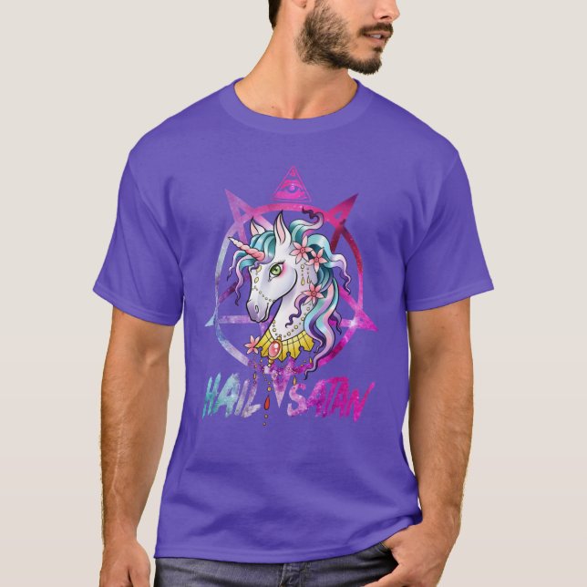 Camiseta Unicorn Hail Satan Death Metal Rainbow shirt Rave  (Anverso)