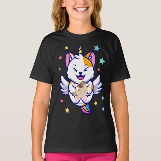 Camiseta Unicorn Holding Dog Pug Kawaii Anime Chica (Anverso)