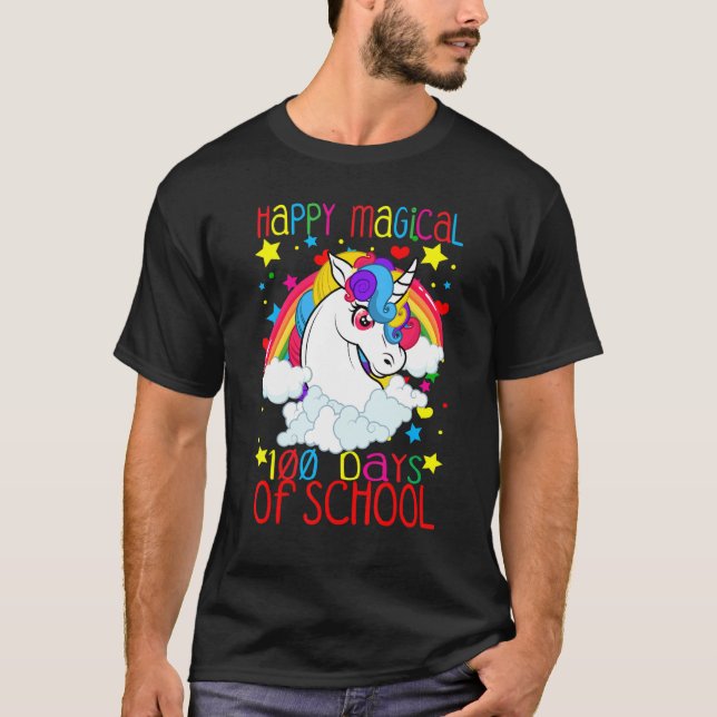 Camiseta Unicorn Rainbow 100th Days Happy Magical 100 Days  (Anverso)