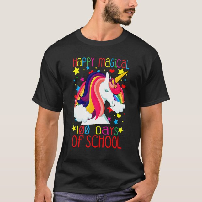 Camiseta Unicorn Rainbow 100th Days Happy Magical 100 Days  (Anverso)