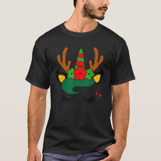 Camiseta Unicorn Reindeer Face with Flowers Wreath Cute Chr