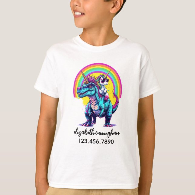 Camiseta Unicorn Riding Dinosaur Rainbow Name school (Anverso)