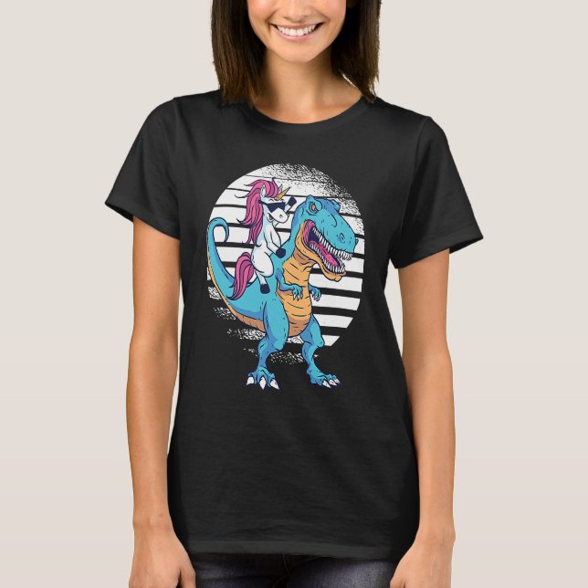 Camiseta Unicorn Riding Dinosaur Rex Retro Sunset Boys Girl (Anverso)
