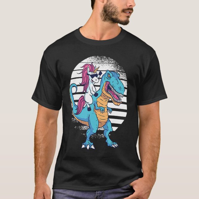 Camiseta Unicorn Riding Dinosaur Rex Retro Sunset Boys Girl (Anverso)