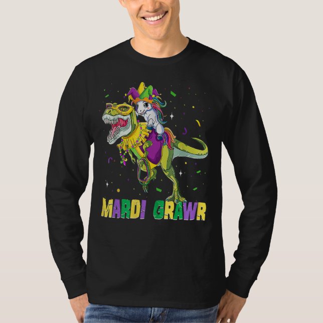 Camiseta Unicorn Riding rex Dinosaur Mardi Gras Jester Cost (Anverso)