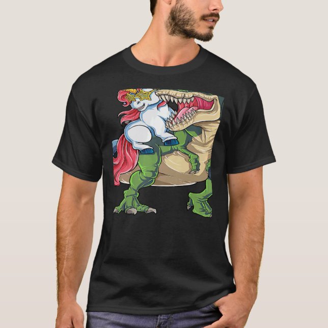 Camiseta Unicorn Riding rex Dinosaur Rainbow Boys Girls Tee (Anverso)