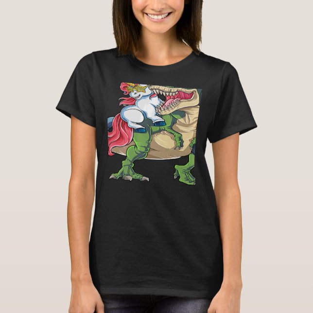 Camiseta Unicorn Riding rex Dinosaur Rainbow Boys Girls Tee (Anverso)