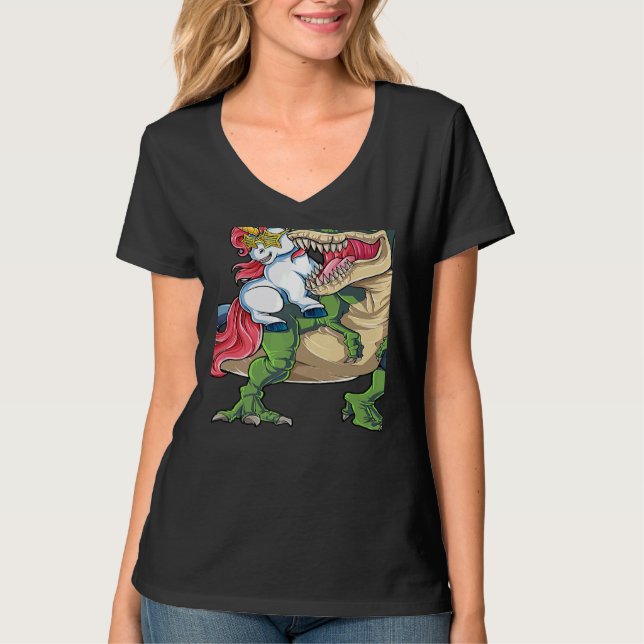 Camiseta Unicorn Riding rex Dinosaur Rainbow Boys Girls Tee (Anverso)