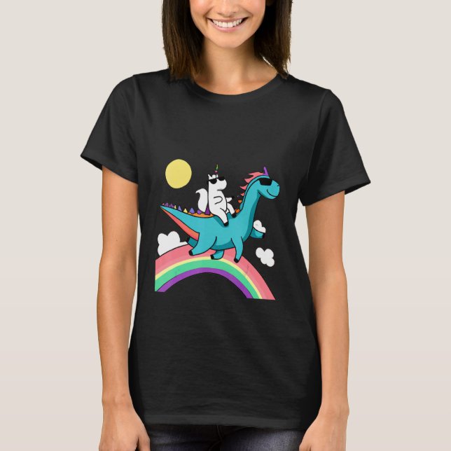Camiseta unicorn with sunglasses riding a dinosaur and rain (Anverso)