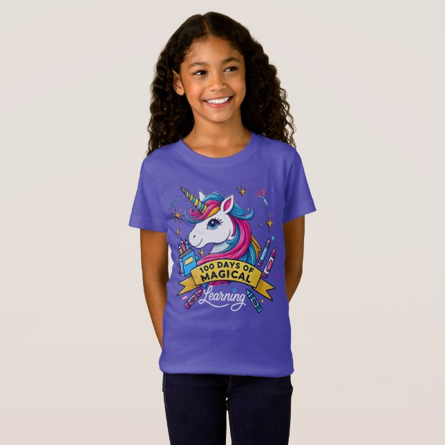 Camiseta Unicornio, 100 días de aprendizaje mágico escolar (Anverso completo)