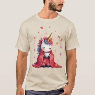 Camiseta Unicornio Acogedor Envuelto en Manta Bebiendo Café