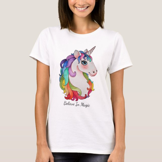 Camiseta Unicornio acuarela con pelo de arco iris (Anverso)