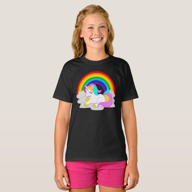 Camiseta Unicornio blanco en la nube Chicas arcoiris camise (Anverso completo)