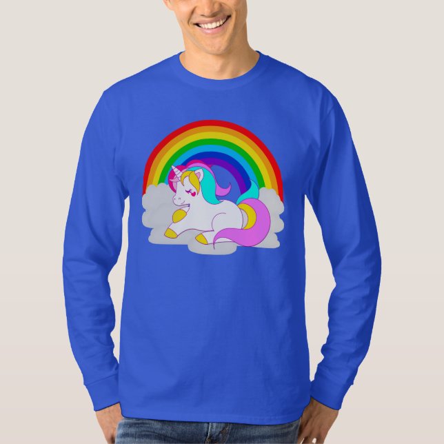 Camiseta Unicornio blanco sobre la larga manga del arcoiris (Anverso)