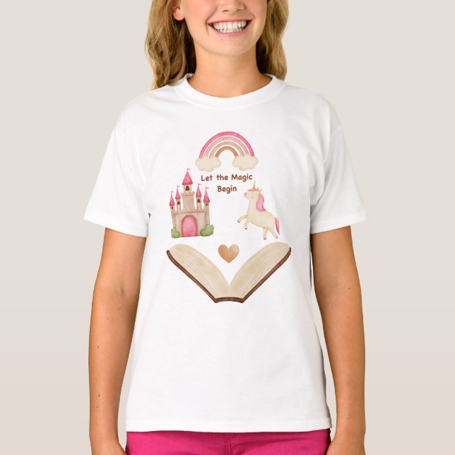 Camiseta Unicornio Castillo Arcoiris Niña | Cuento (Anverso)