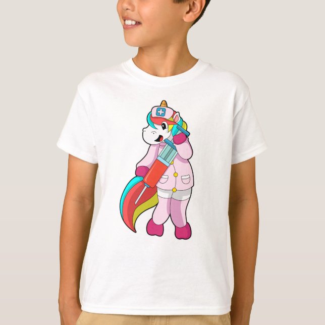 Camiseta Unicornio como enfermera en vacunación y jeringas (Anverso)