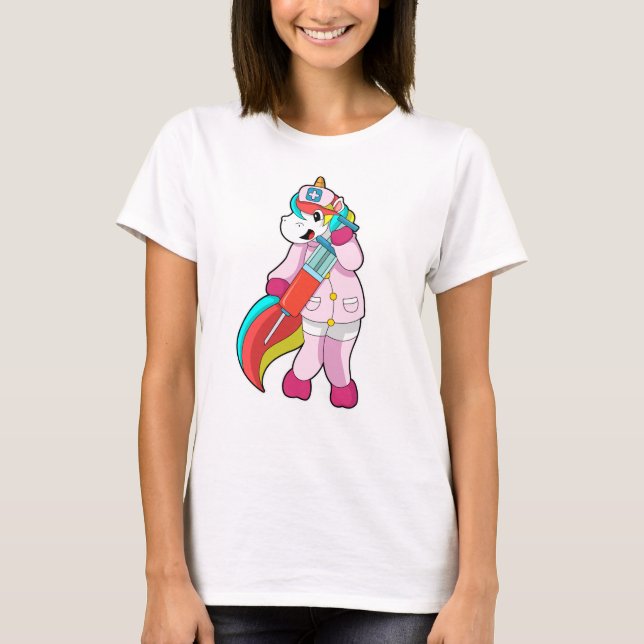 Camiseta Unicornio como enfermera en vacunación y jeringas (Anverso)