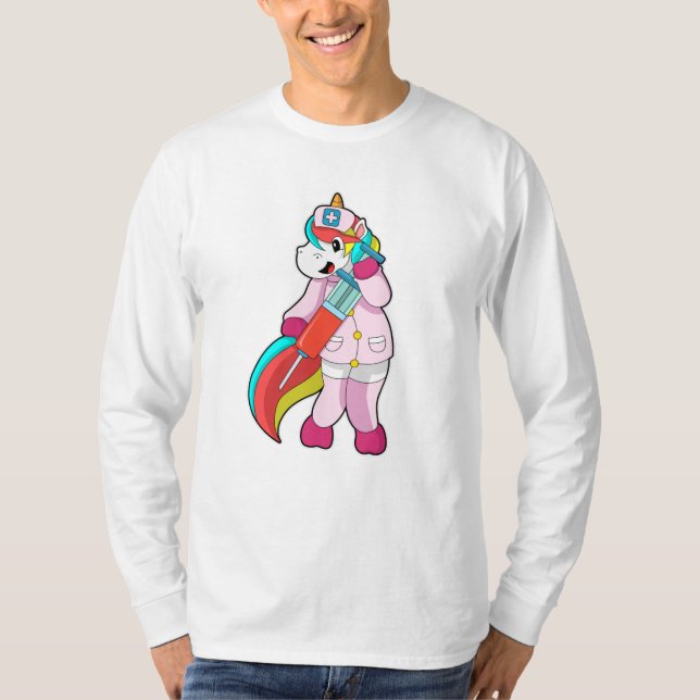 Camiseta Unicornio como enfermera en vacunación y jeringas (Anverso)