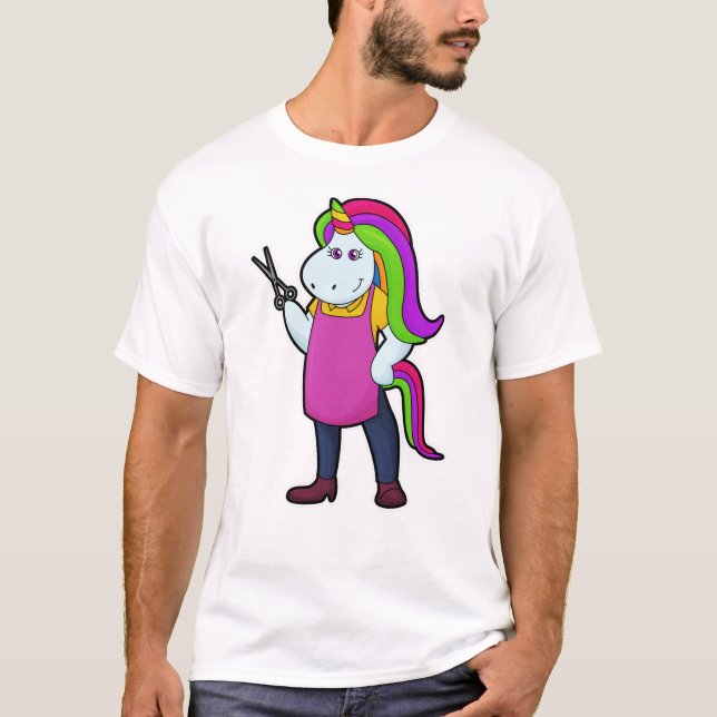 Camiseta Unicornio como peluquero con tijeras (Anverso)