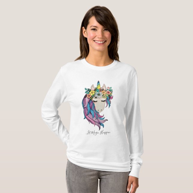 Camiseta Unicornio Con Flores Silvestres En Acuarela (Anverso completo)