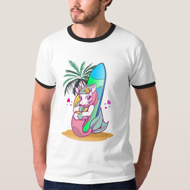 Camiseta Unicornio con tablas de surf en la playa (Anverso)