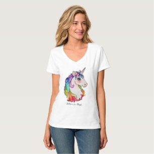 Camiseta Unicornio de la acuarela con el pelo del arco iris