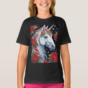 Camiseta Unicornio de Navidad Colorido Con Poinsettias