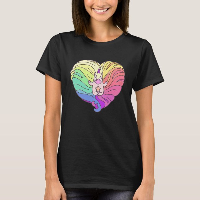 Camiseta Unicornio de Yoga Corazón Pelo Arcoíris (Anverso)