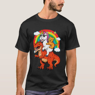 Camiseta Unicornio Divertido Gato Montando Dinosaurio T-Rex