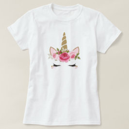 Camiseta Unicornio Dorado Flores Rosadas Lindo Mod
