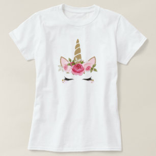 Camiseta Unicornio Dorado Flores Rosadas Mona Feme