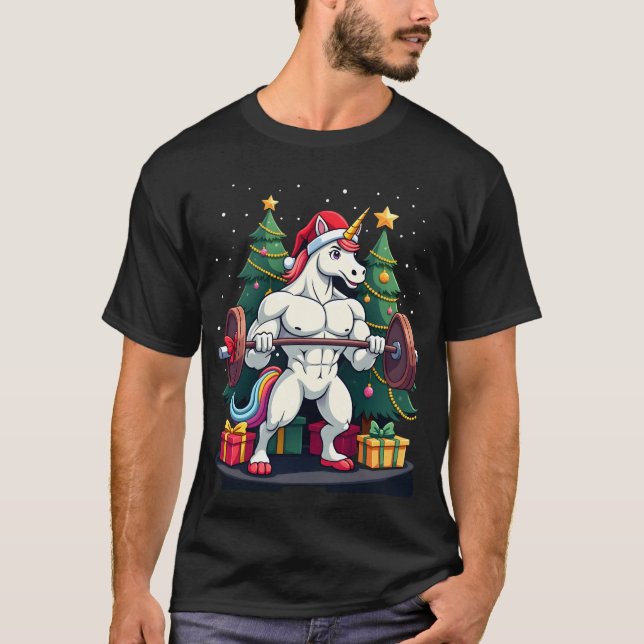 Camiseta Unicornio levantando pesas de Navidad levantamient (Anverso)
